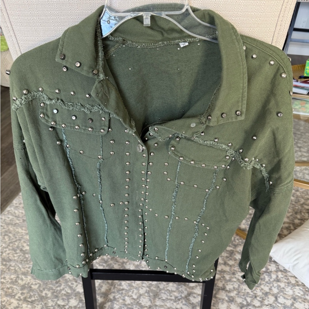 Hengsheng Jeans Olive Studded Cropped Jacket Boho Western Medium - Picture 2 of 7